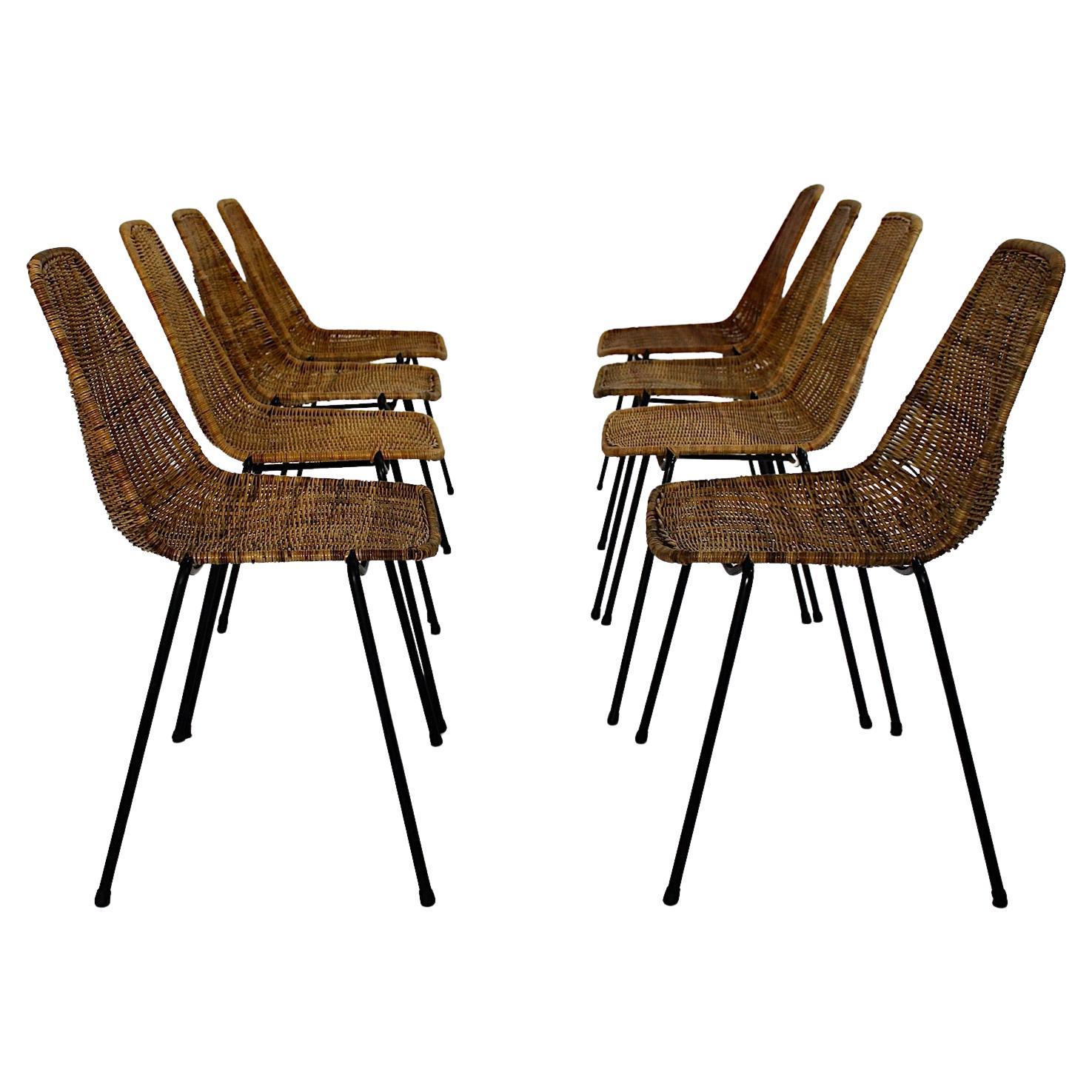 Organic Modern Vintage Eight Rattan Metal Dining Chairs Gian Franco Legler 1950s For Sale