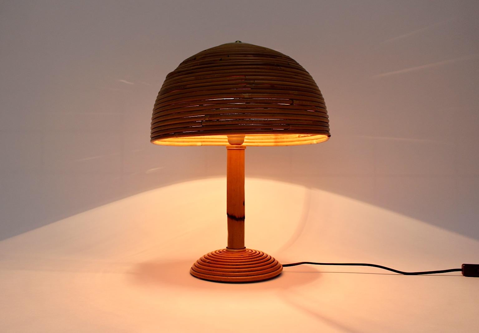 Organic Modern Vintage Rattan Bamboo Brass Table Lamp Mushroom 1970s Italy For Sale 3