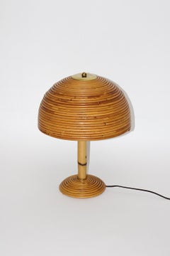 Organic Modern Vintage Rattan Bamboo Brass Table Lamp Mushroom 1970s Italy