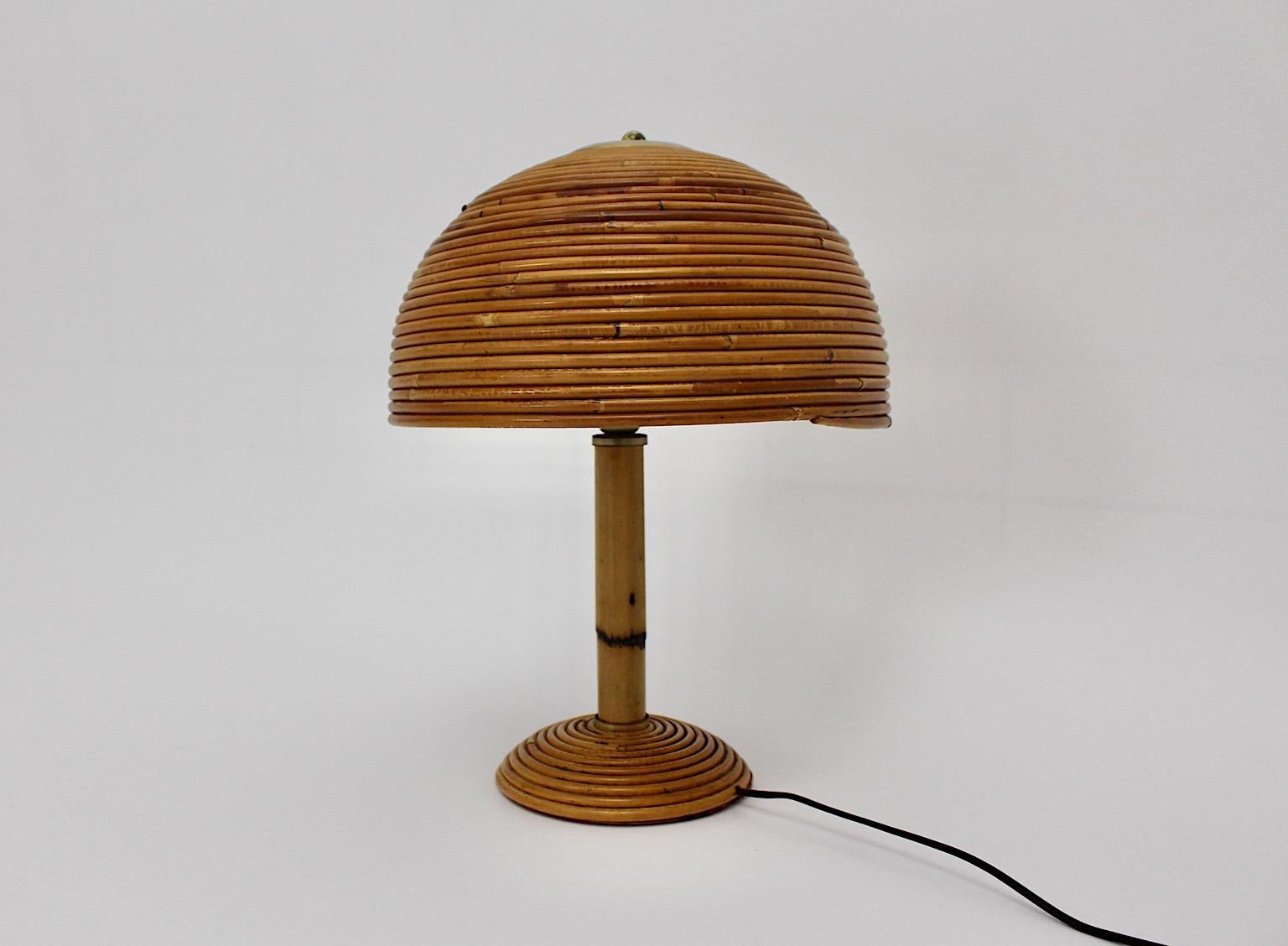 Italian Organic Modern Vintage Rattan Bamboo Brass Table Lamp Mushroom 1970s Italy For Sale
