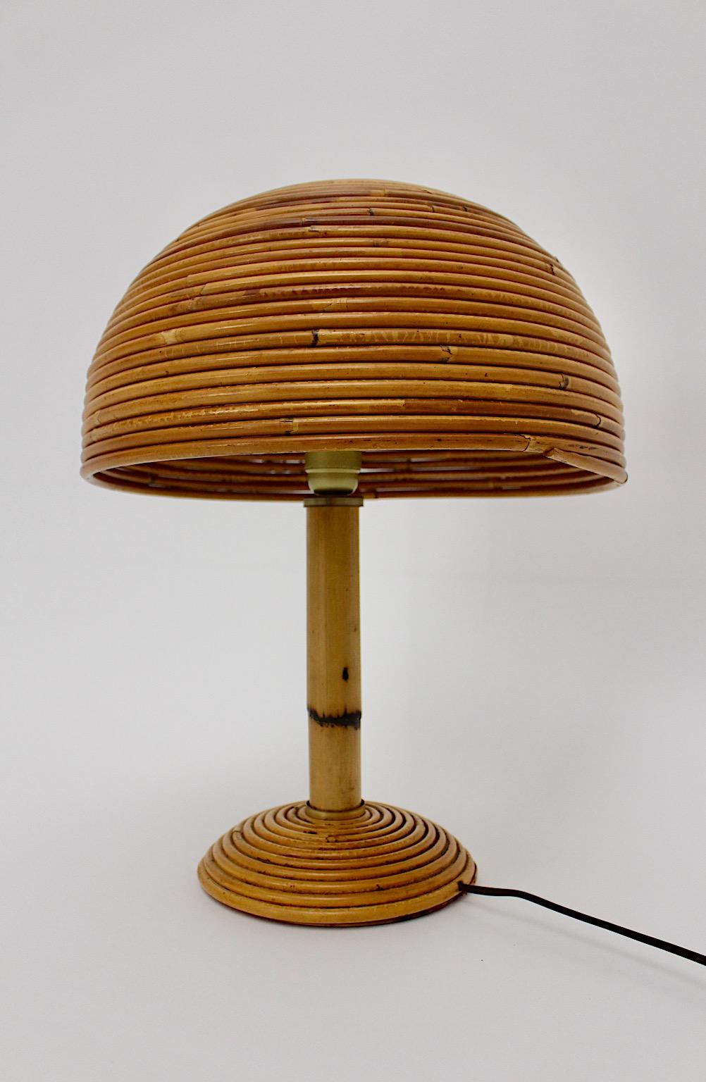 20th Century Organic Modern Vintage Rattan Bamboo Brass Table Lamp Mushroom 1970s Italy For Sale