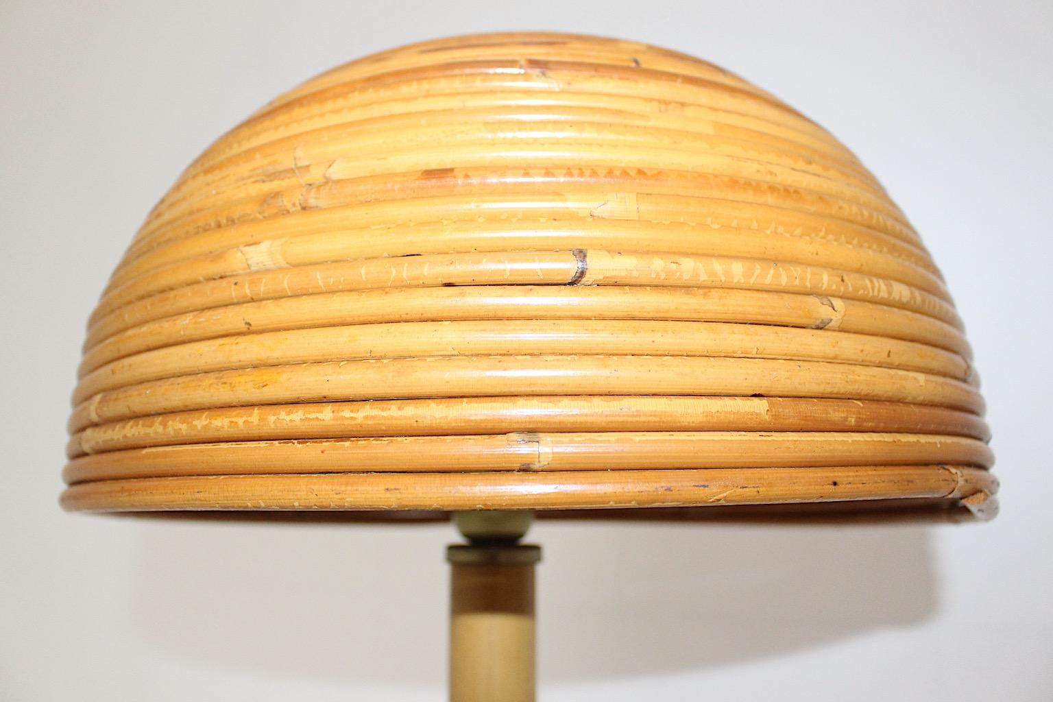 Organic Modern Vintage Rattan Bamboo Brass Table Lamp Mushroom 1970s Italy For Sale 1