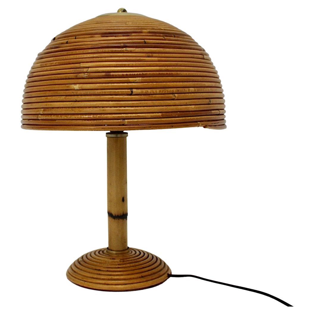 Organic Modern Vintage Rattan Bamboo Brass Table Lamp Mushroom 1970s Italy