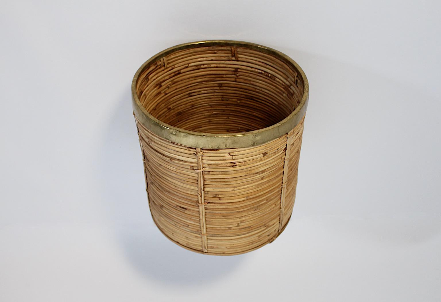 Organic Modern Vintage Rattan Brass Cache Pot Basket Italy 1970s For Sale 1