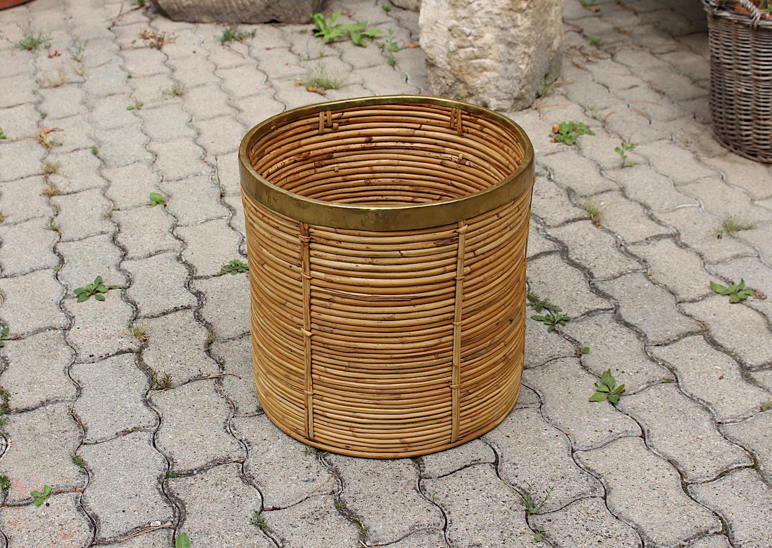 Organic Modern Vintage Rattan Brass Cache Pot Basket Italy 1970s For Sale 2