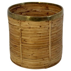 Organic Modern Vintage Rattan Brass Cache Pot Basket Italy 1970s