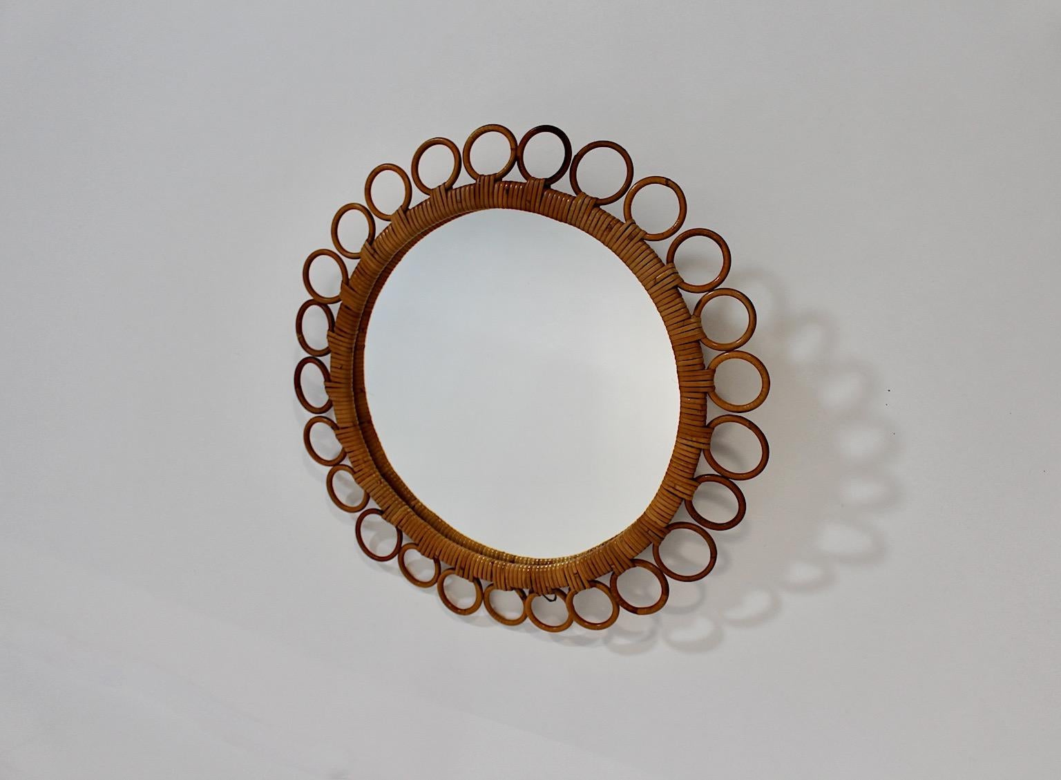 Italian Organic Modern Vintage Rattan Circular Loops Wall Mirror 1950s Italy For Sale