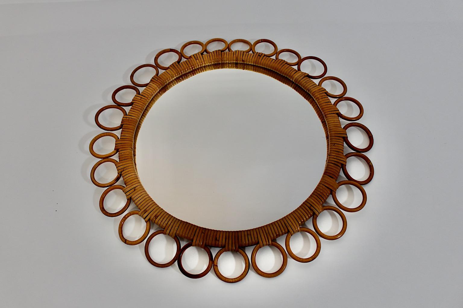 Organic Modern Vintage Rattan Circular Loops Wall Mirror 1950s Italy For Sale 4