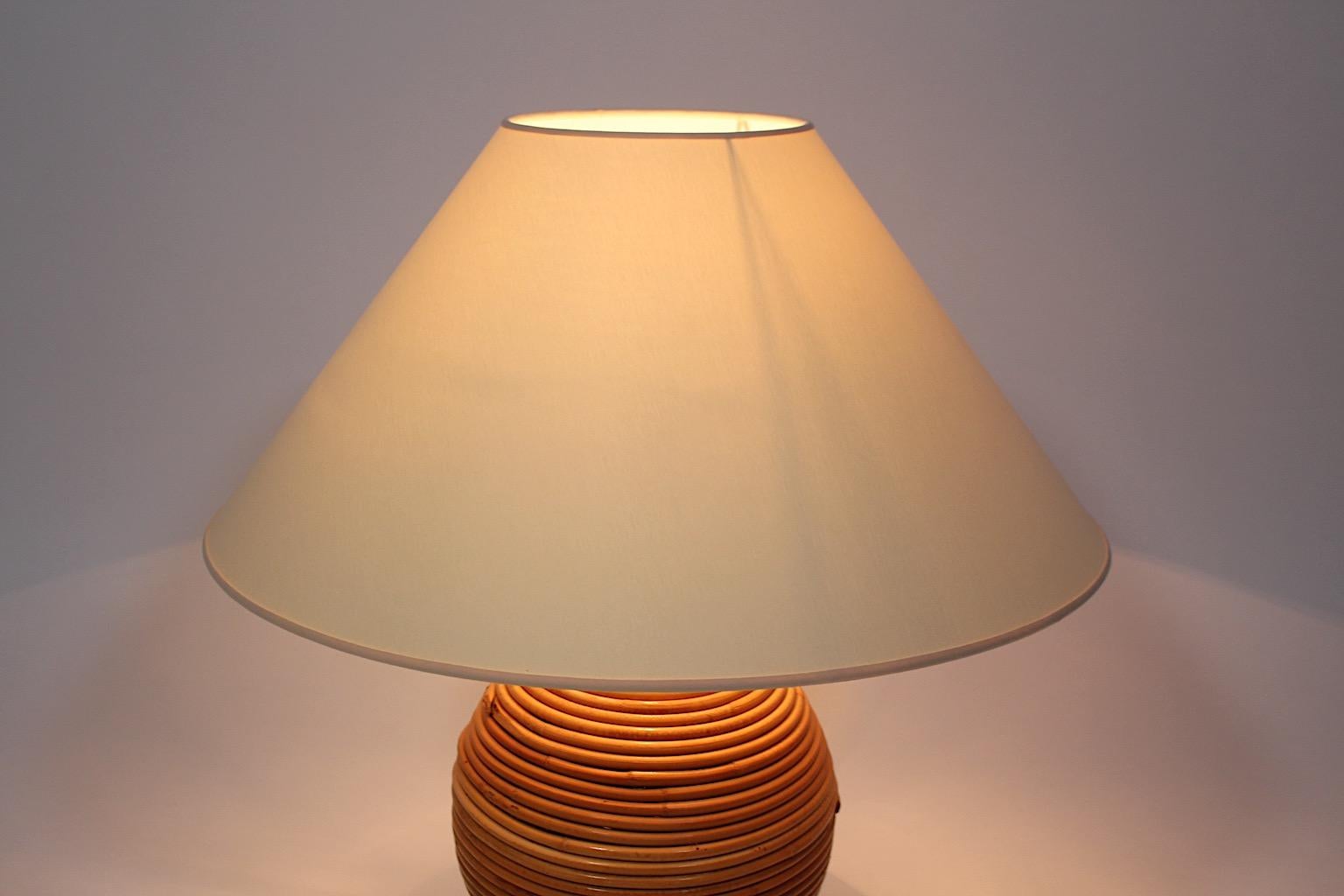 20th Century Organic Modern Vintage Table Lamp Rattan Golden Metal 1970s Italy For Sale
