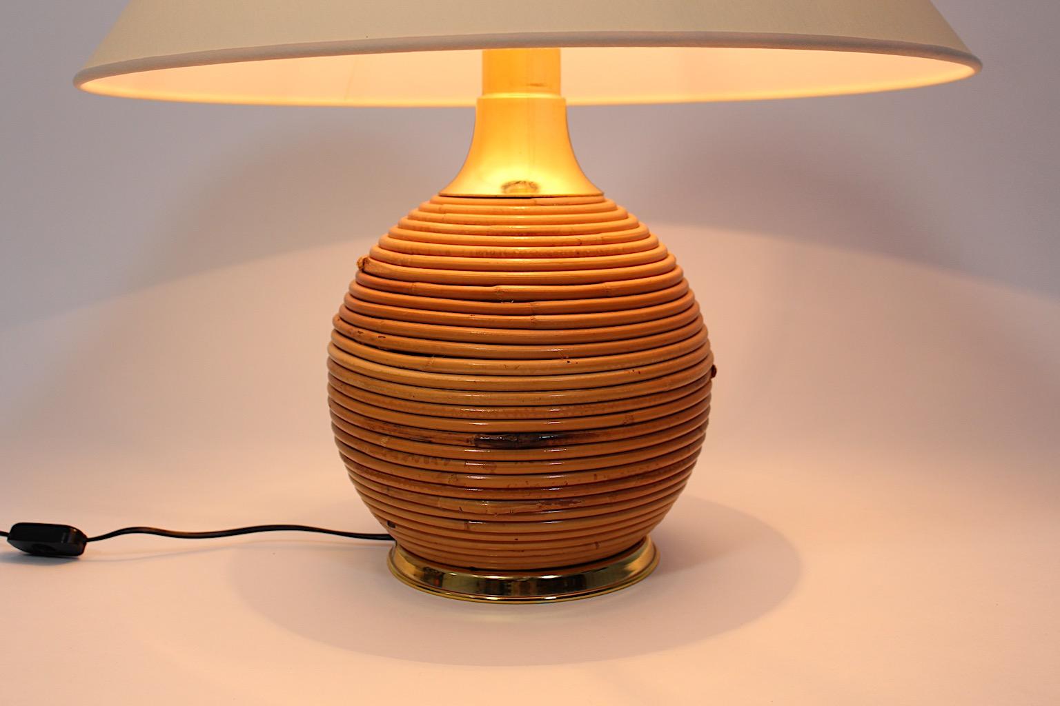 Organic Modern Vintage Table Lamp Rattan Golden Metal 1970s Italy For Sale 2