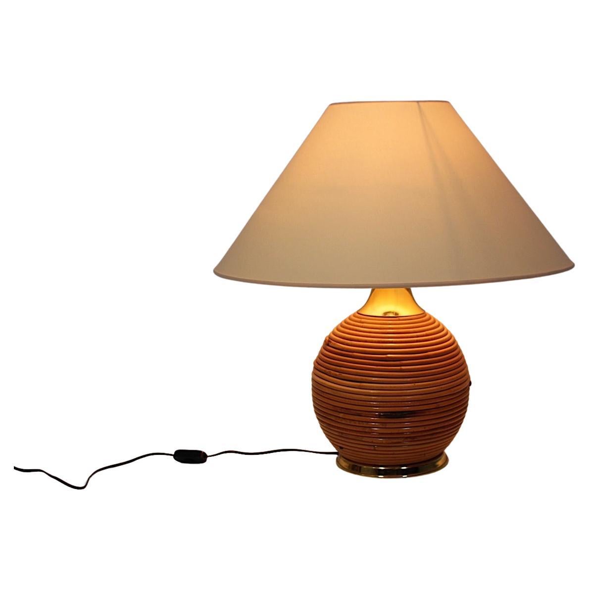 Organic Modern Vintage Table Lamp Rattan Golden Metal 1970s Italy For Sale