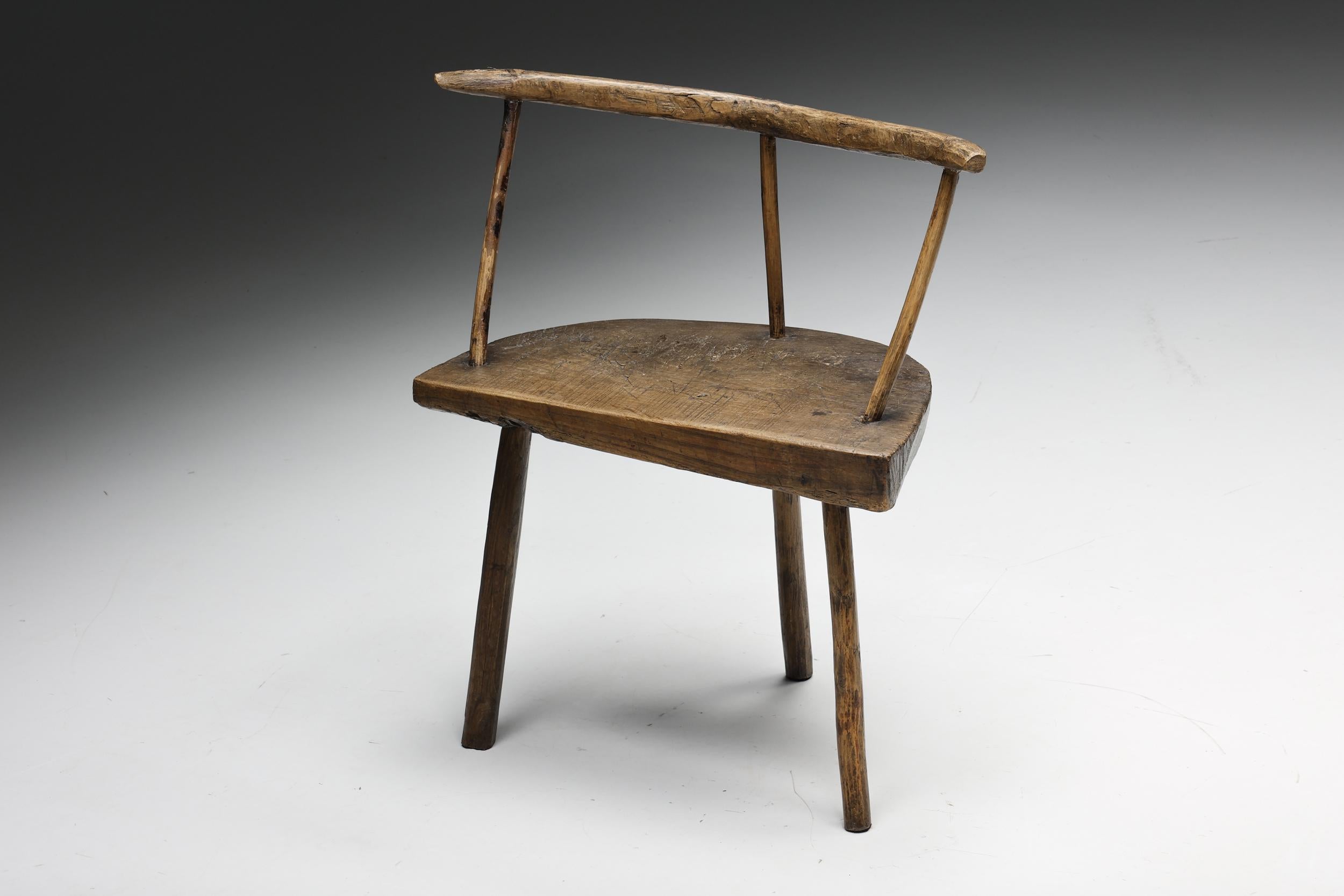 Sculptural; Rustic; Robust; Rural; Wabi Sabi; Organic Modern; Travail Populaire; Folk Art; Travail Art Populaire; Chair; Side Chair; Wood; France; French; Organic; Luxury Chalet Style; Wood; Tripod; Three-Legged; 

Sculptural organic modern