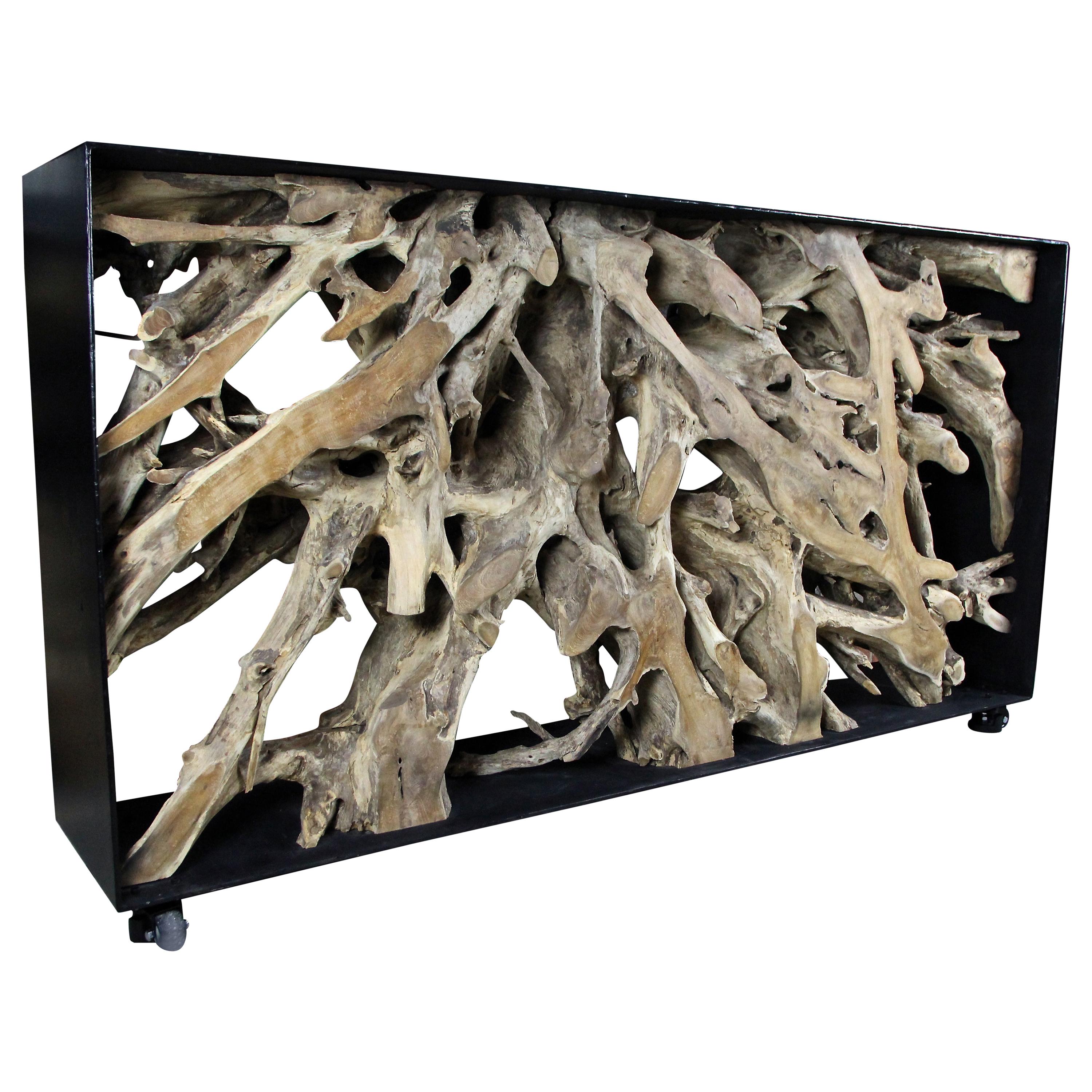 Organic Modern Wall Console/ Sideboard Large Teak Root in Black Metal Frame