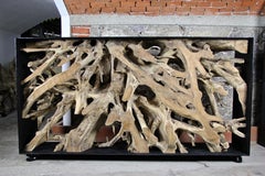 Organic Modern Wall Console/ Sideboard Large Teak Root in Black Metal Frame