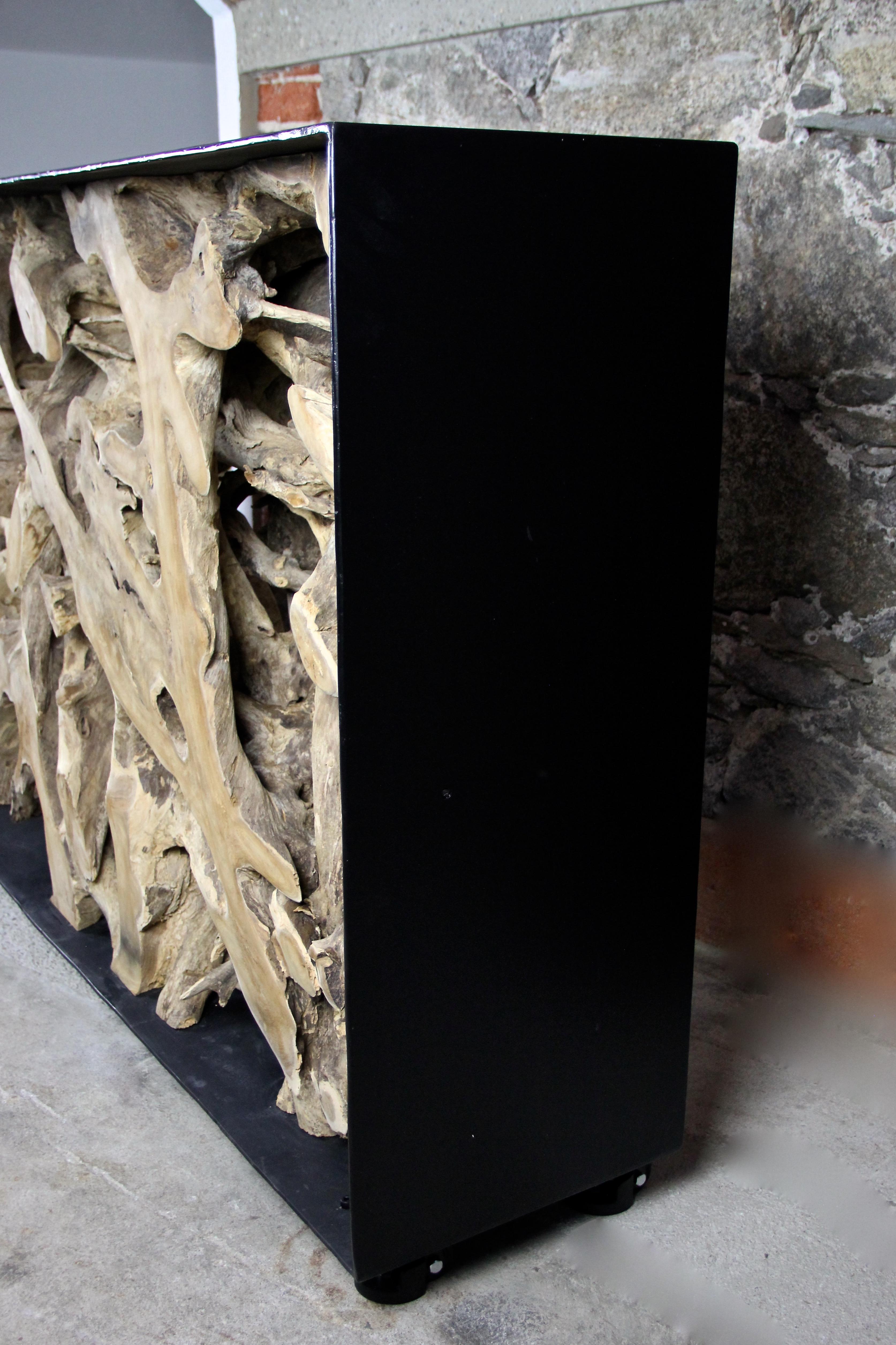 Indonesian Organic Modern Wall Console/ Sideboard Large Teak Root in Black Metal Frame