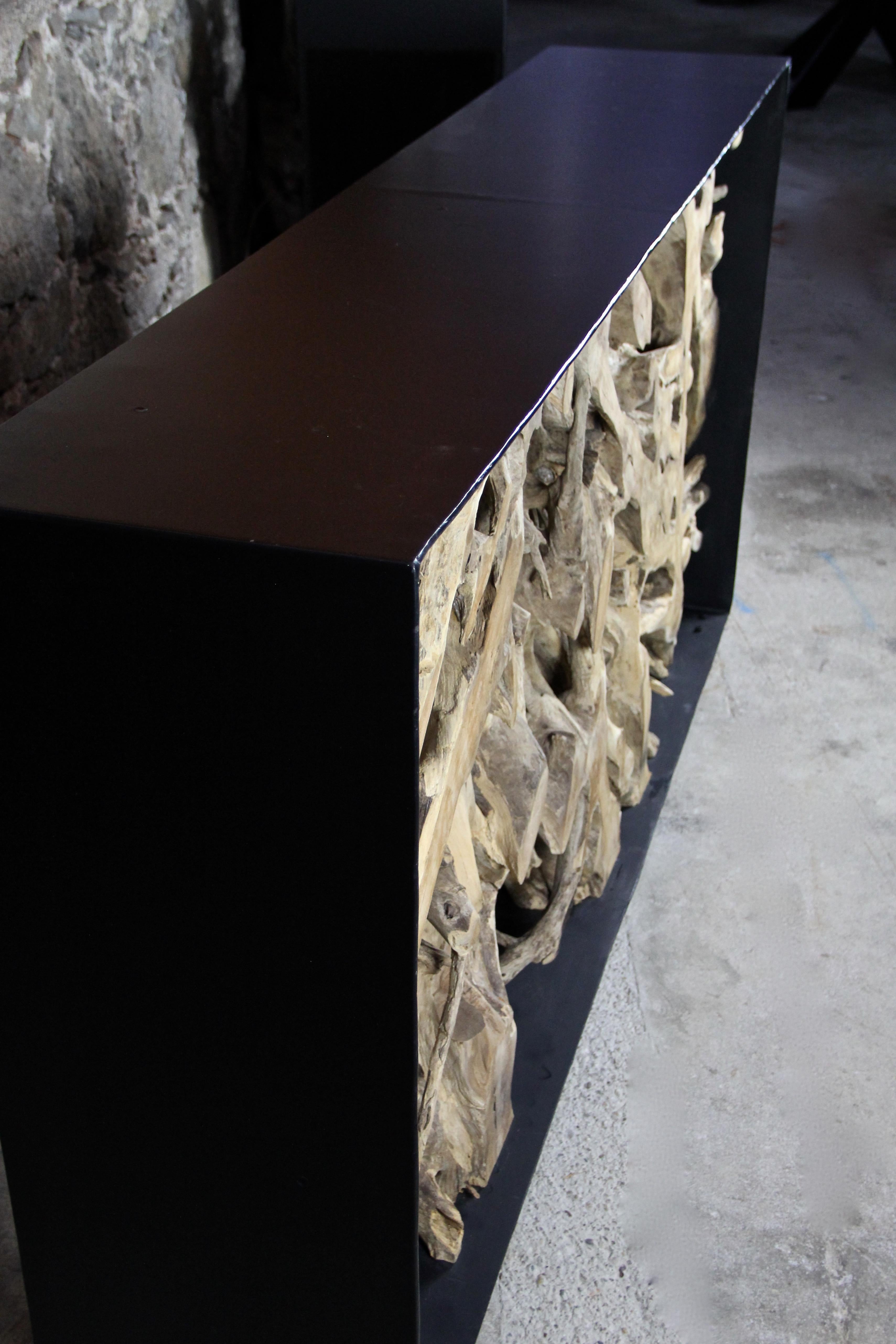 Contemporary Organic Modern Wall Console/ Sideboard Large Teak Root in Black Metal Frame