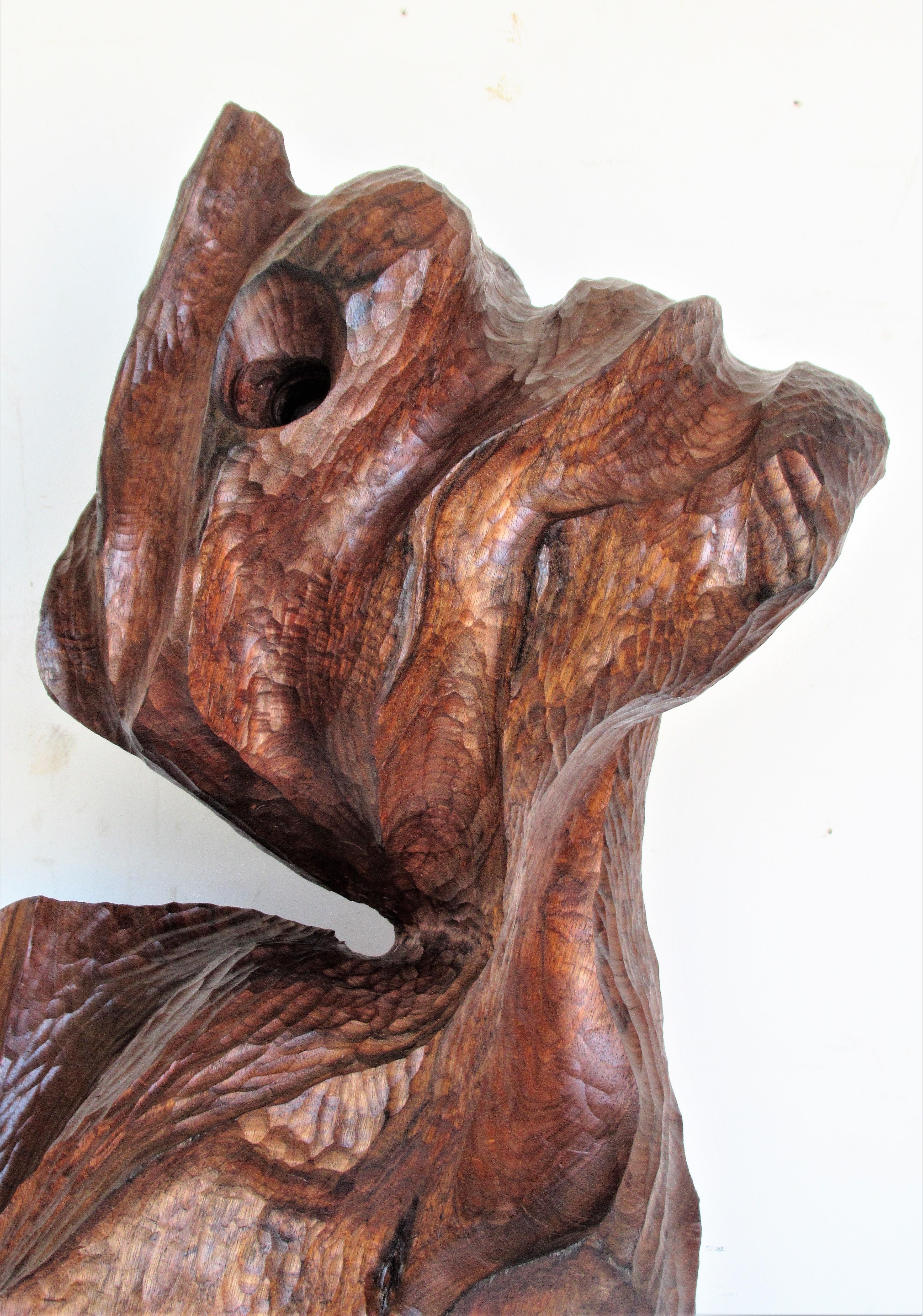 Organic modern gouge and mallet carved walnut sculpture with hand rubbed oil finish by well listed 20th century American artist wood sculptor Frank Flynn ( University of Pittsburgh - studied under Virgil Cantini and George Karen - R.i.T. School for