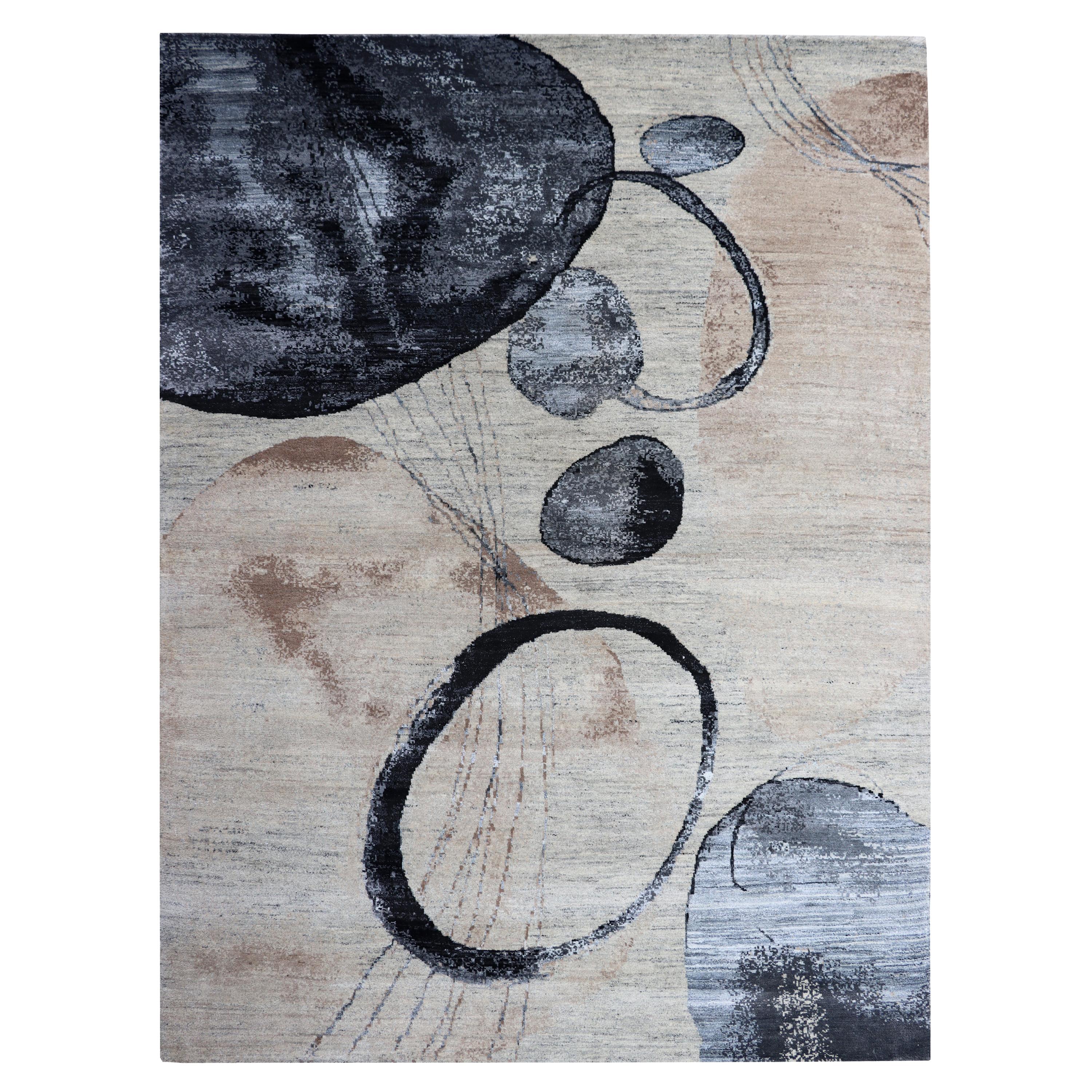 Organic Modern Watercolor Circles Beige, Nude, Blue, Brown Wool Hand-Knotted Rug For Sale