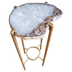 Organic Modern White and Brown Geode Drink Table with Gold Gilt Base