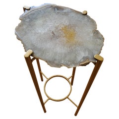 Organic Modern White and Gray Geode Drink Table with Gold Gilt Base