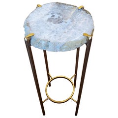 Organic Modern White and Gray Quartzite Geode Drink Table with Gold Gilt Base