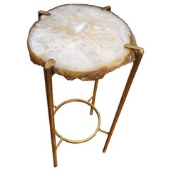 Organic Modern White and Tan Quartzite Geode Drink Table with Gold Gilt Base