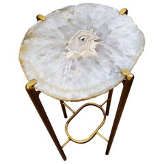 Organic Modern White and Tan Quartzite Geode Drink Table with Gold Gilt Base