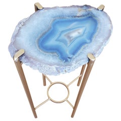 Organic Modern White Blue and Tan Geode Drink Table with Gold Gilt Base