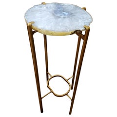 Organic Modern White Blue Gray Quartzite Geode Drink Table with Gold Gilt Base