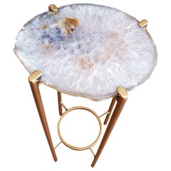 Organic Modern White Geode with Brown Accents Drink Table with Gold Gilt Base