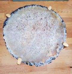 Organic Modern White Geode with Dark Brown Edge Drink Table with Gold Gilt Base