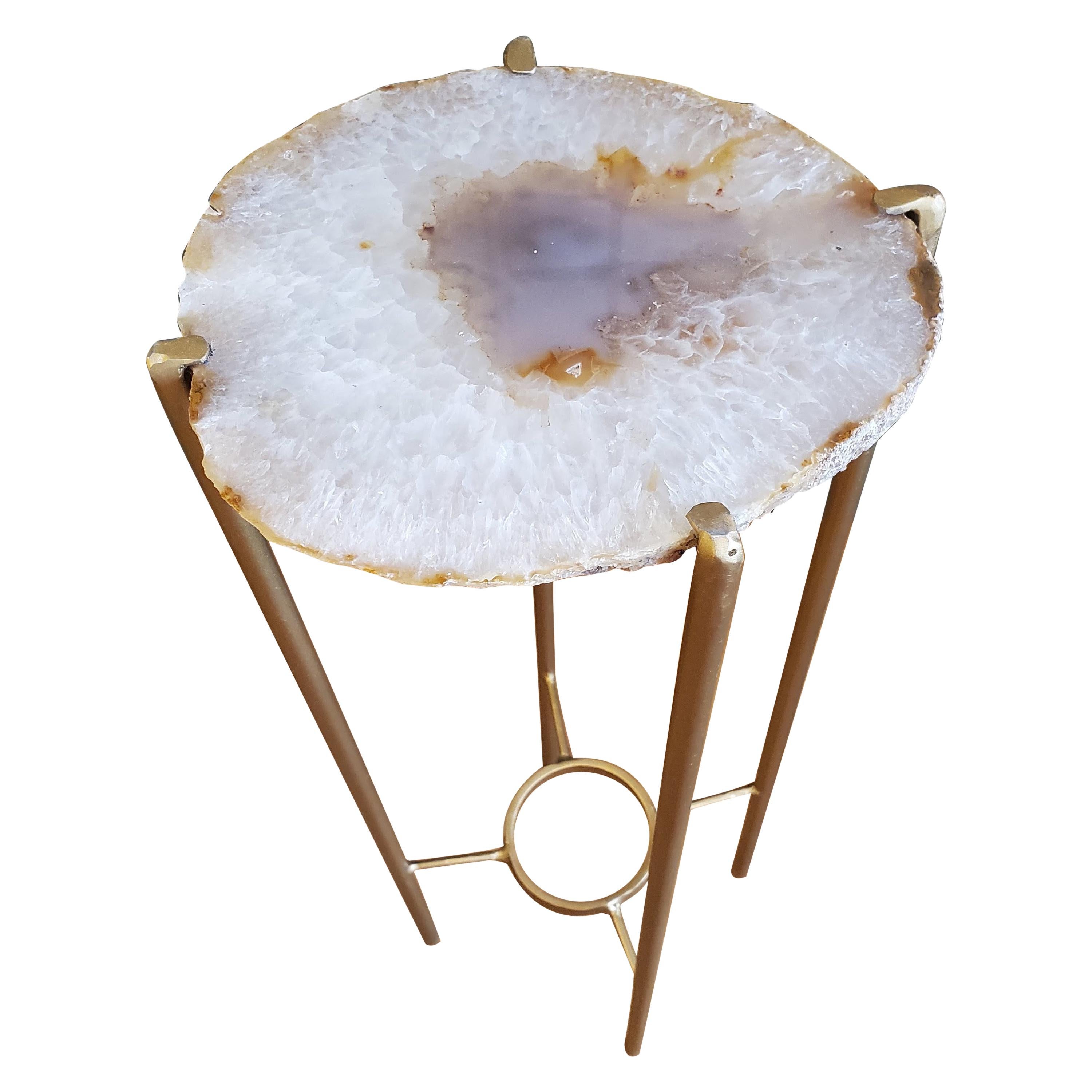 Organic Modern White Lavender and Tan Drink Table with Gold Gilt Base