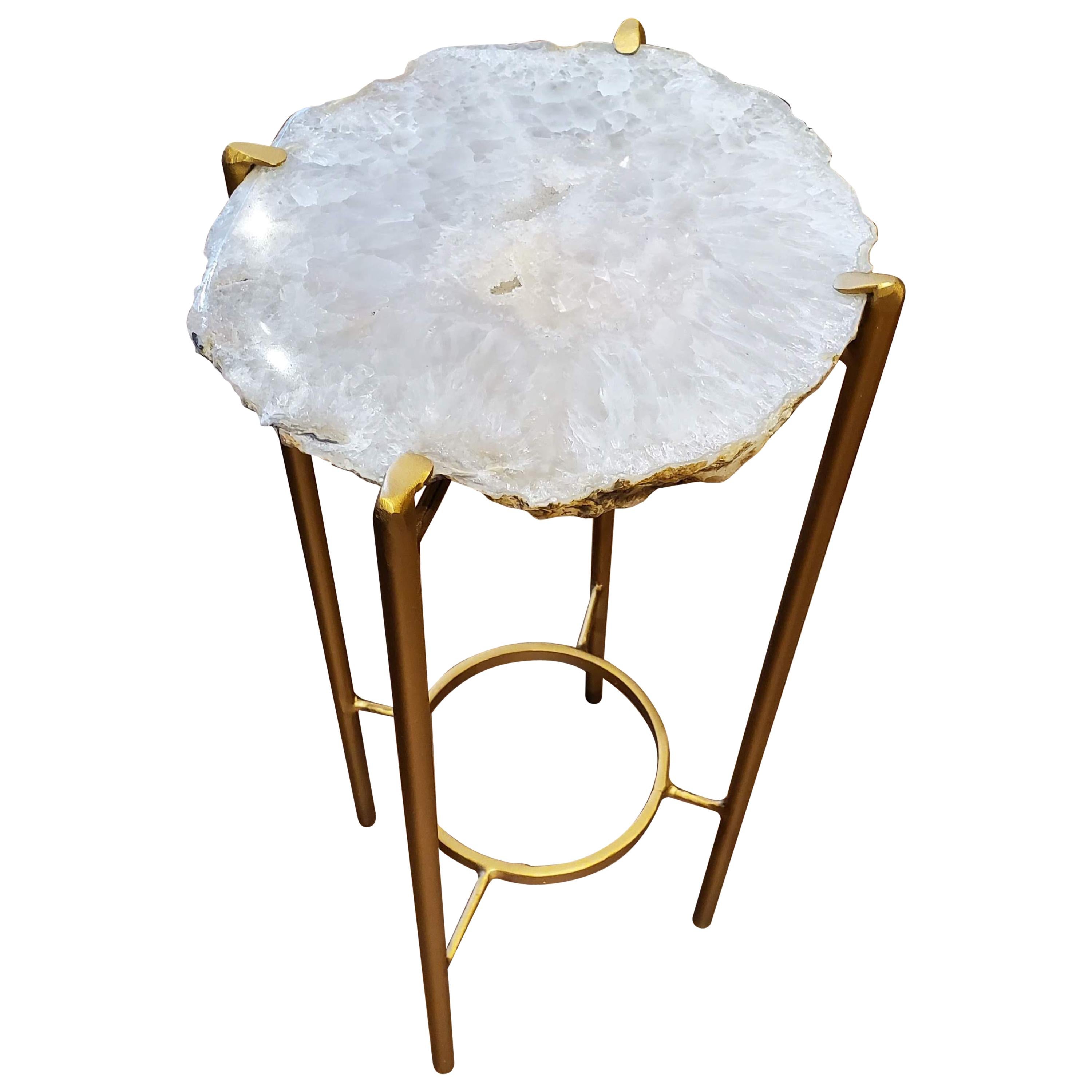Organic Modern White Quartzite Geode Drink Table with Gold Gilt Base