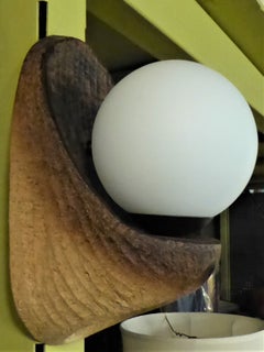 Organic Modern White Satin Glass Globe W. Pottery Body Rustic Wall Light, 1970s