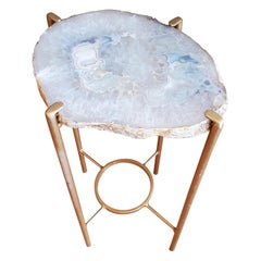 Organic Modern White Tan and Blue Geode Drink Table with Gold Gilt Base
