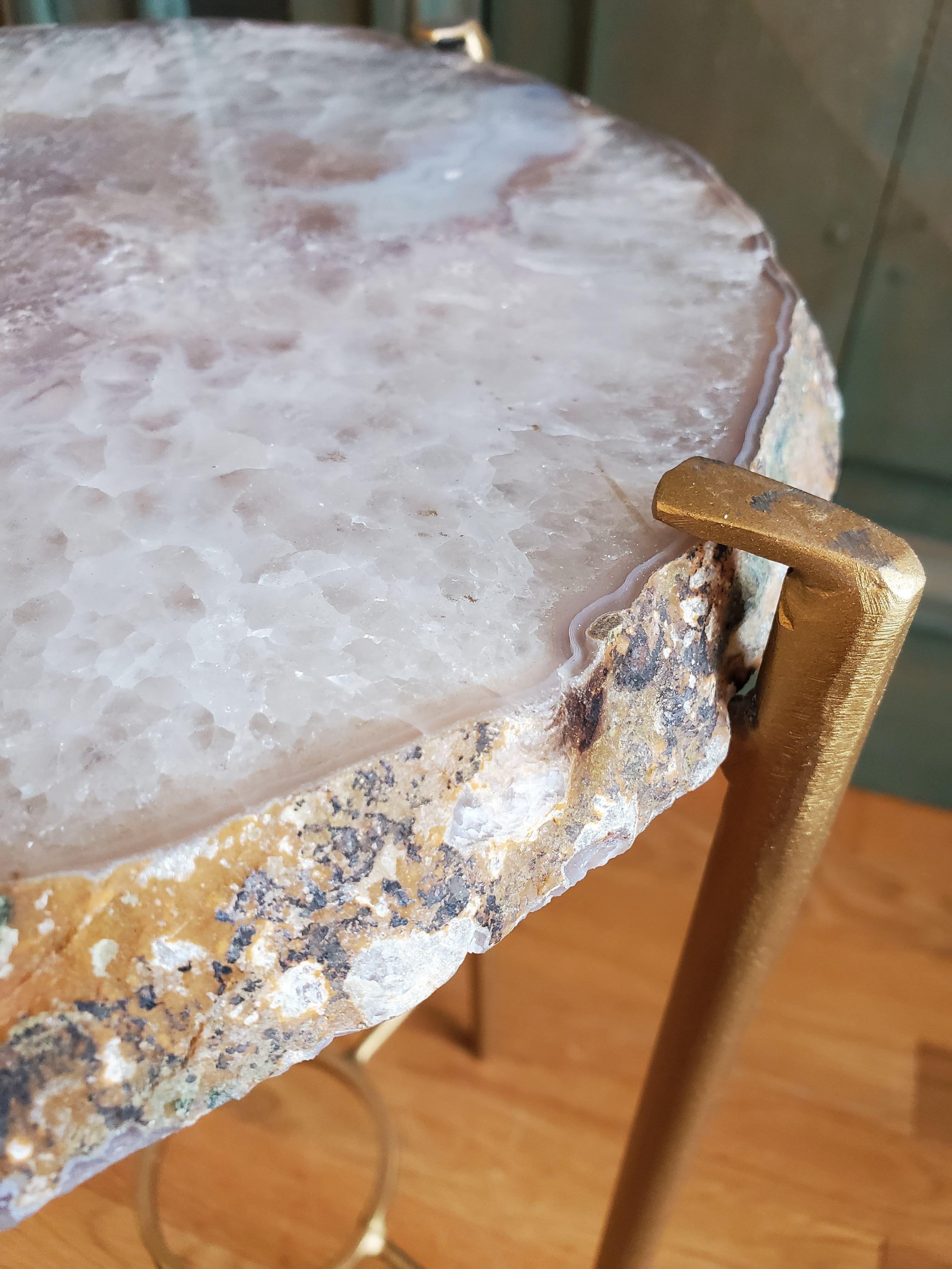 Contemporary Organic Modern White Tan and Mauve Geode Drink Table with Gold Gilt Base