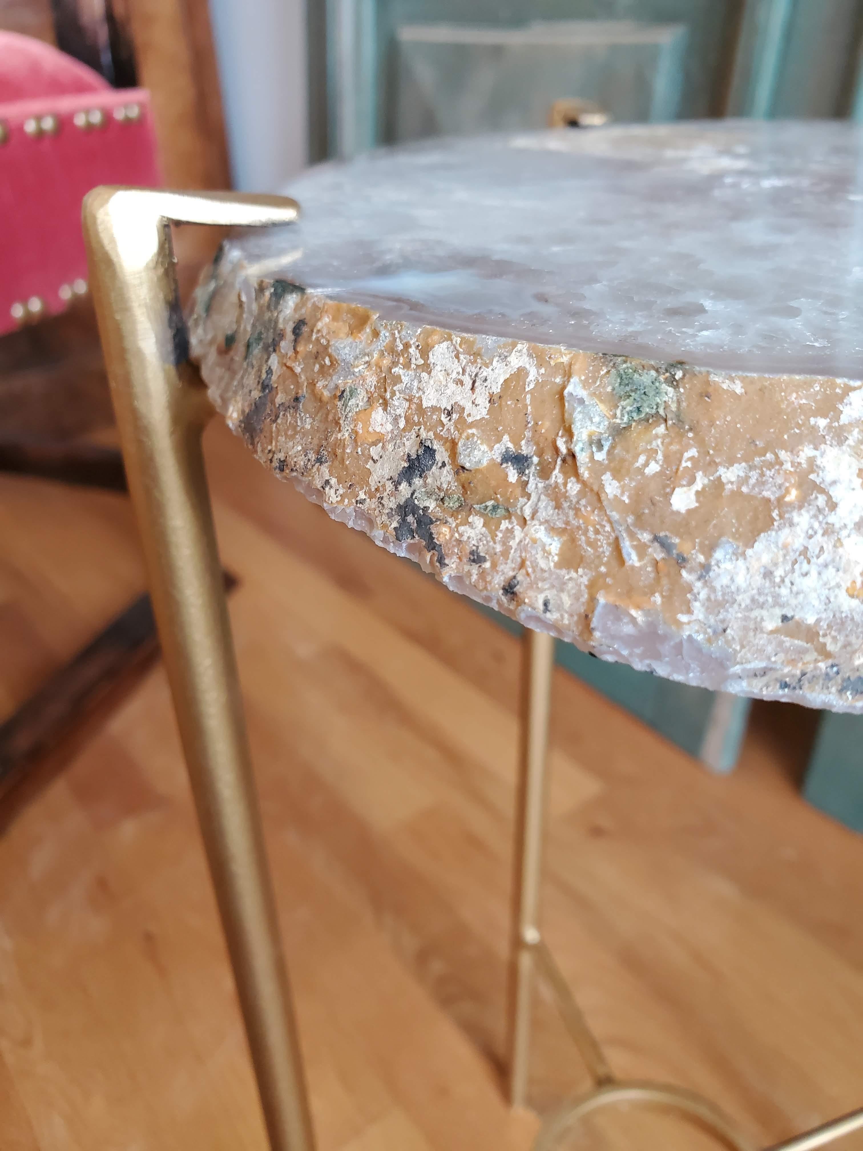 Steel Organic Modern White Tan and Mauve Geode Drink Table with Gold Gilt Base