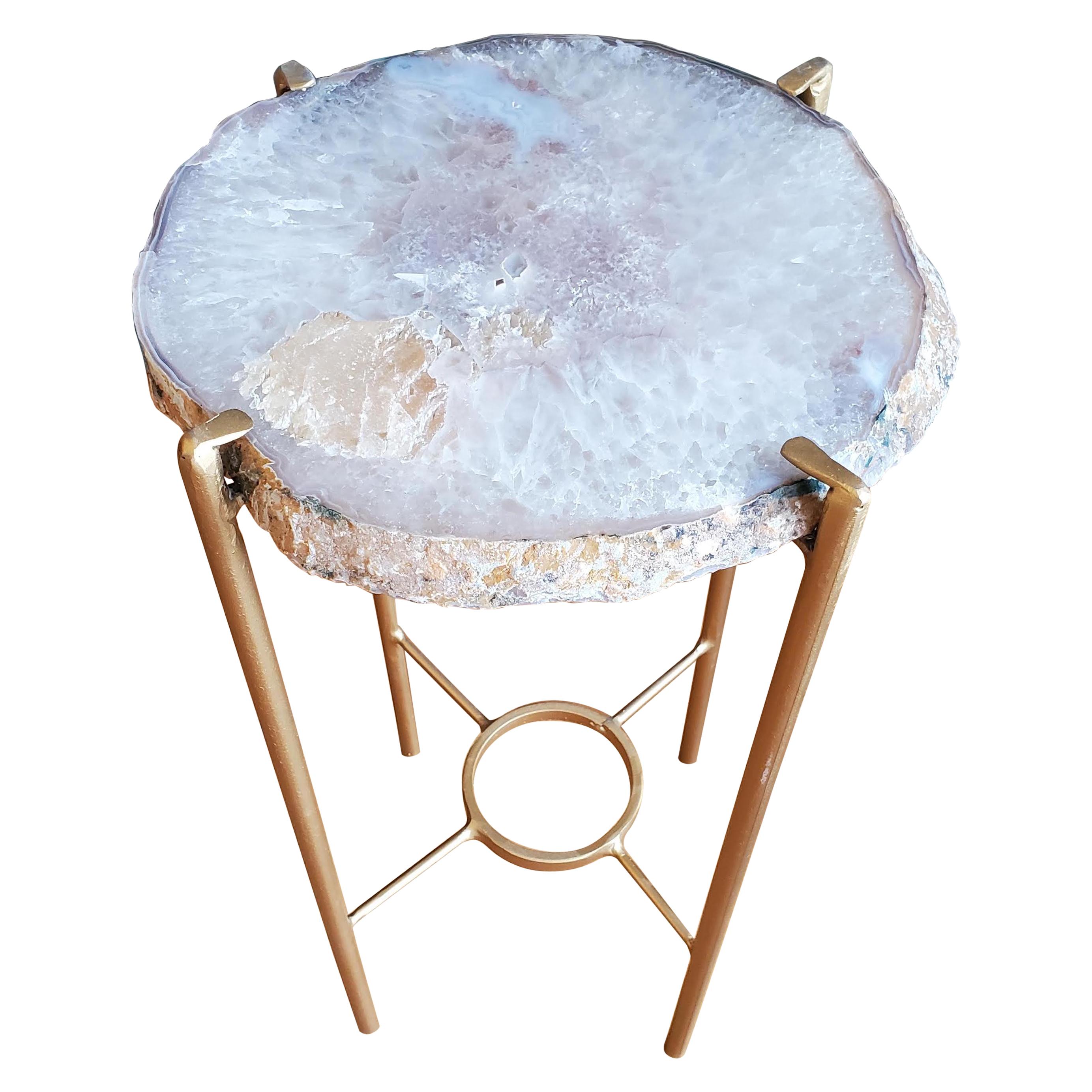 Organic Modern White Tan and Mauve Geode Drink Table with Gold Gilt Base