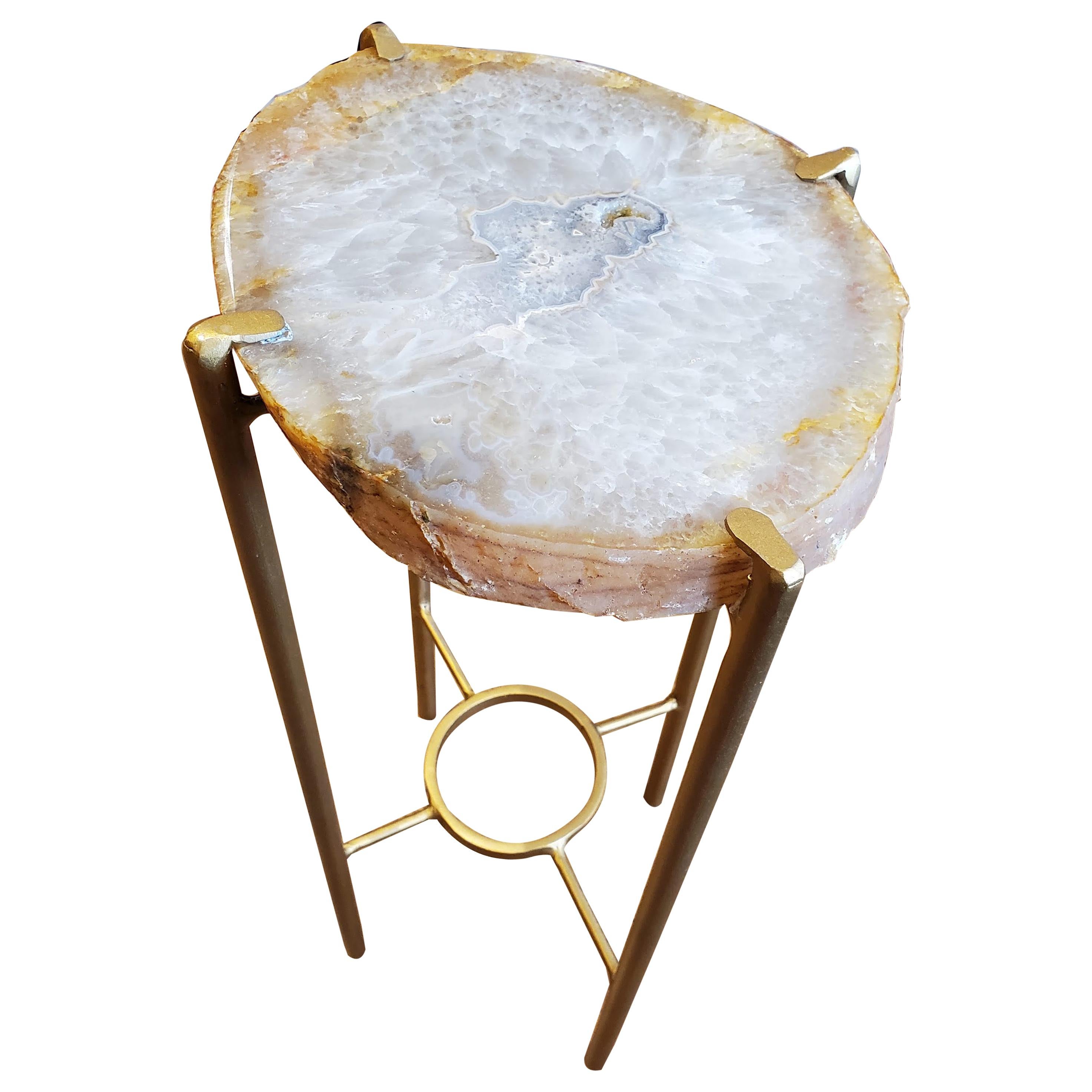 Organic Modern White, Tan, Gray Quartzite Geode Drink Table with Gold Gilt Base
