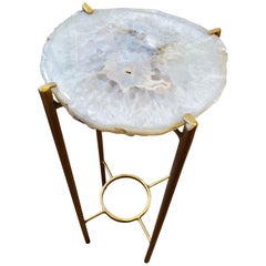 Organic Modern White Tan with Dark Gray Geode Drink Table with Gold Gilt Base