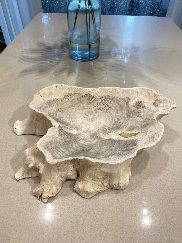 Balinese Organic Modern White Washed Teak Bowl with Live Edge, Indonesia For Sale