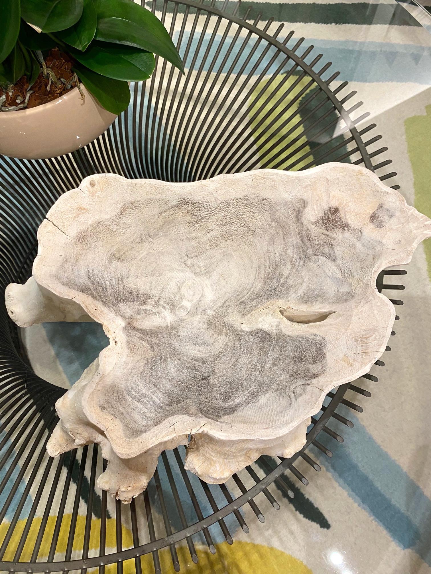 Organic Modern White Washed Teak Bowl with Live Edge, Indonesia In Excellent Condition In Fort Lauderdale, FL
