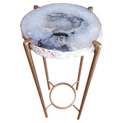 Organic Modern White with Black and Tan Geode Drink Table with Gold Gilt Base