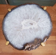 Organic Modern White with Blue Brown Edge Geode Drink Table with Gold Gilt Base