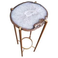 Organic Modern White with Blue Brown Edge Geode Drink Table with Gold Gilt Base