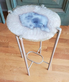 Organic Modern White with Blue Center Geode and Nickel Gilt Side Table