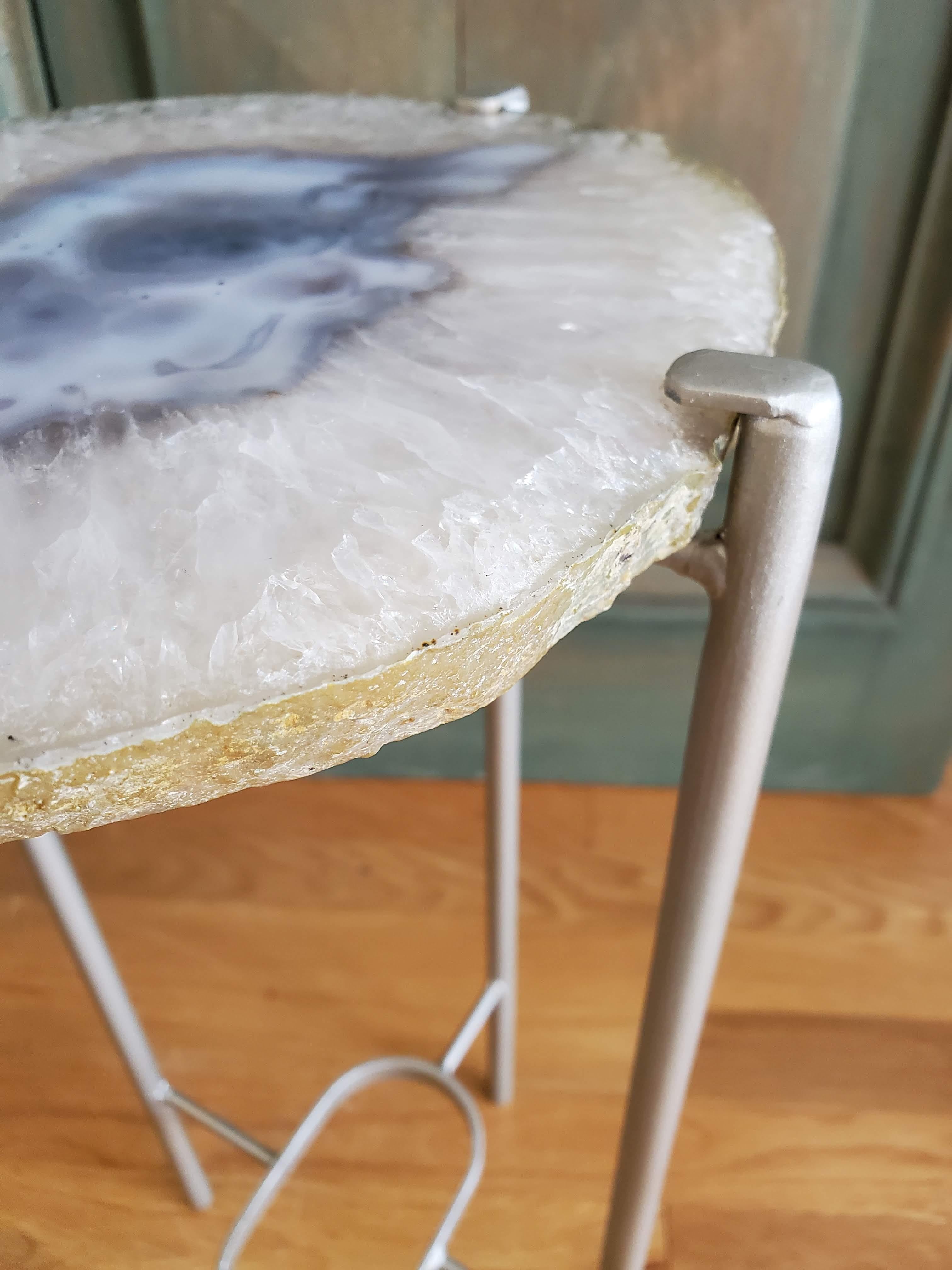 Metal Organic Modern White with Blue Center Geode and Nickel Gilt Side Table