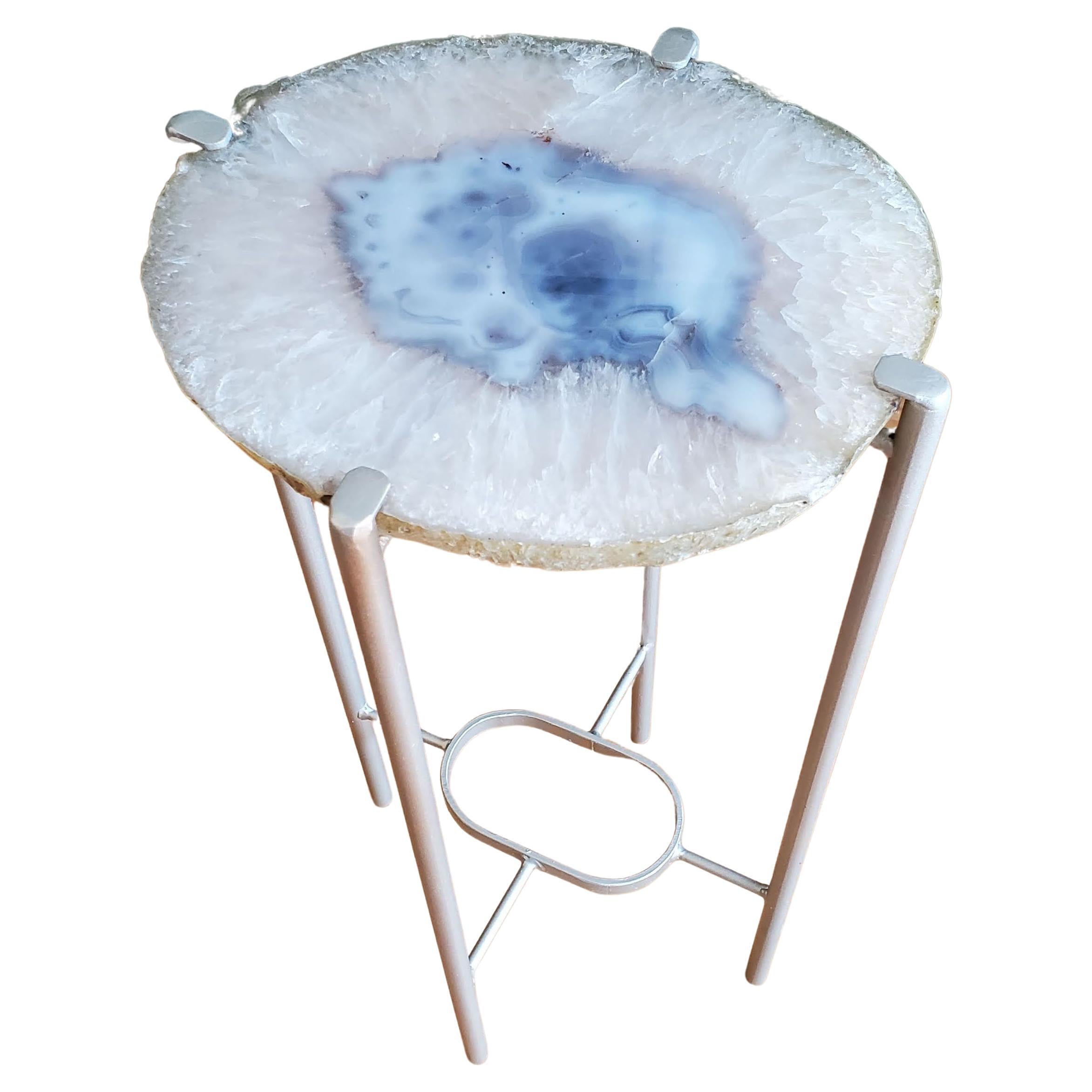 Organic Modern White with Blue Center Geode and Nickel Gilt Side Table