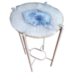 Organic Modern White with Blue Center Geode and Nickel Gilt Side Table