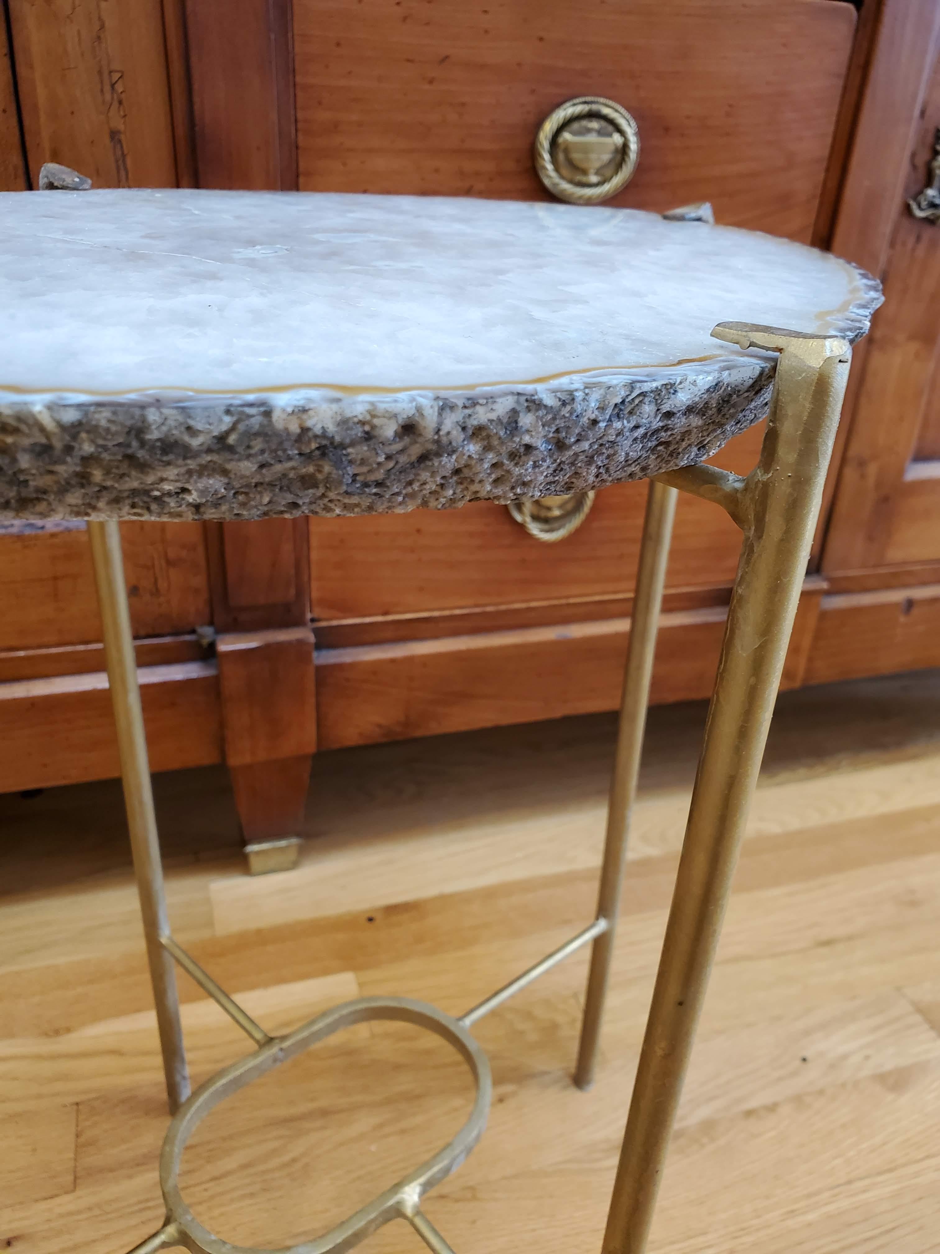 Metal Organic Modern White with Brown Edge Geode and Gold Gilt Side Table